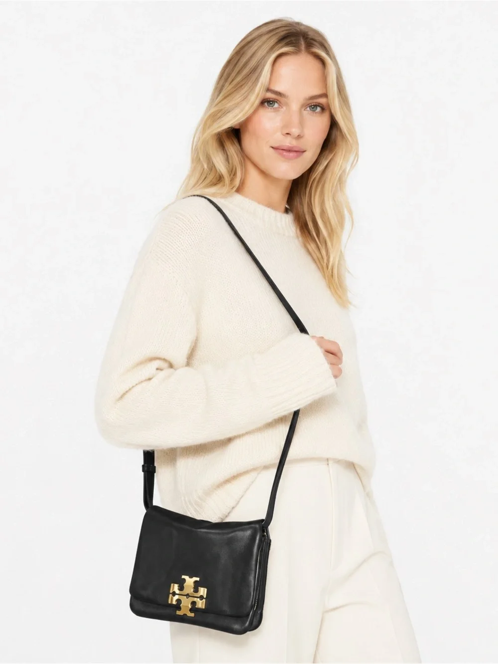Tory Burch Charlie Runway Eleanor Black Leather Shoulder Crossbody Bag